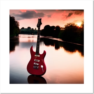 A Red Guitar Stadning On The River Thames in English Countryside At Sunset Posters and Art